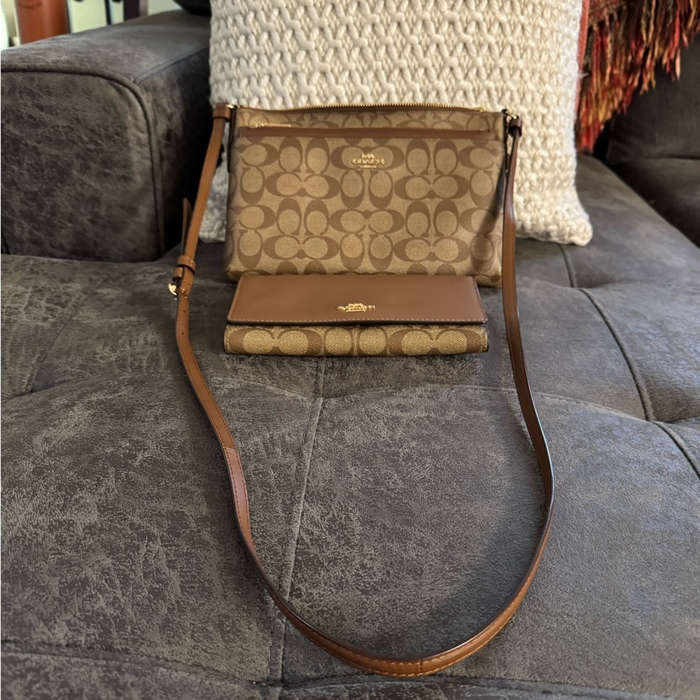 Coach Tan and Brown Signature Crossbody Bag and Wallet Set - Picture 2 of 15